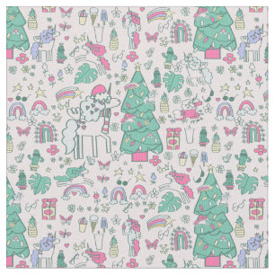 christmas unicorn santa whimsical cactus monstera  fabric
