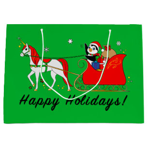 Christmas Unicorn with Penguin and Sleigh Large Gift Bag