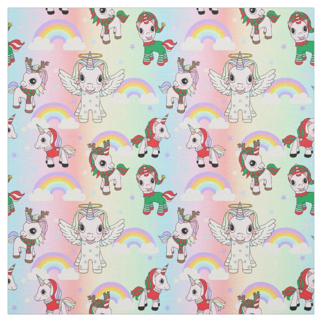 Christmas Unicorns and Rainbows Cute Kids Pattern Fabric (Swatch)