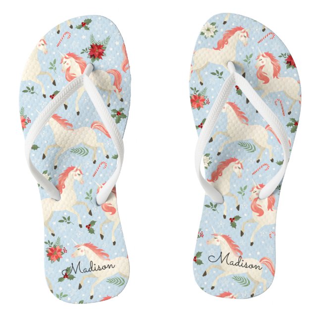 Christmas Unicorns Cute Modern Girly Floral Name Thongs (Footbed)