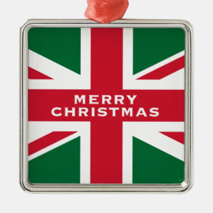 Christmas Union Jack ~ Red, Green and White Metal Ornament