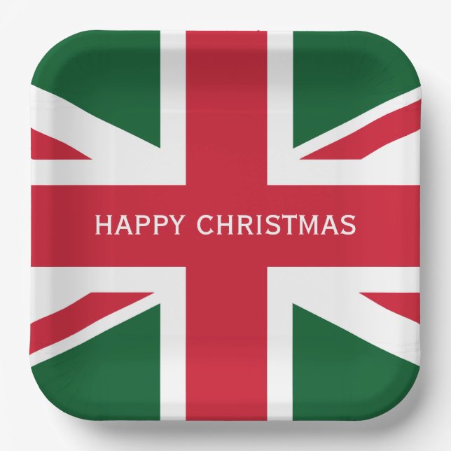 Christmas Union Jack ~  Red, Green and White Plate (Front)