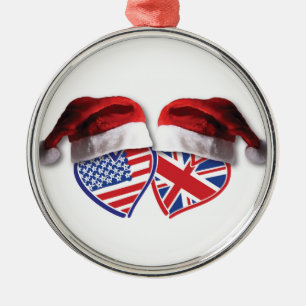 Christmas USA and UK Flag Heart Santa Hats Metal Ornament