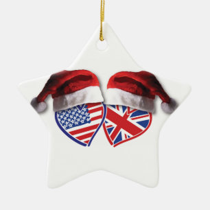 Christmas USA and UK Flag Hearts and Santa Hats Ceramic Ornament