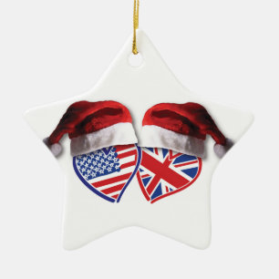Christmas USA and UK Flag Hearts and Santa Hats Ceramic Ornament