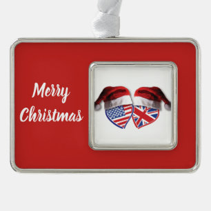 Christmas USA and UK Flag Hearts and Santa Hats Silver Plated Framed Ornament