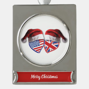 Christmas USA and UK Heart Flags and Santa Hats Silver Plated Banner Ornament