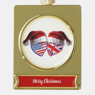 Christmas USA and UK hearts and Flags with Santa H Gold Plated Banner Ornament