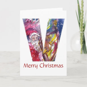 CHRISTMAS V LETTER  / SANTA PLAYING HARP HOLIDAY CARD