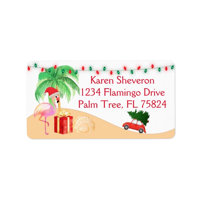 Christmas Vacation Santa Pink Flamingo on a Beach Label (Front)