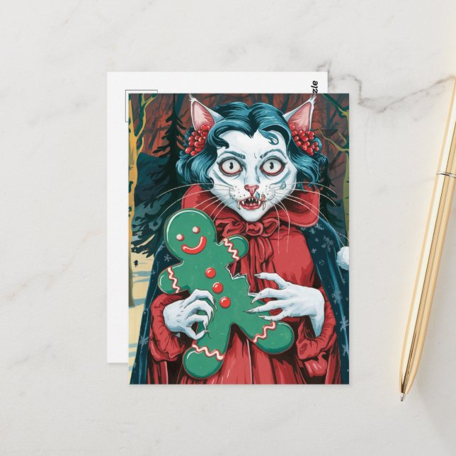 Christmas Vampire Kitty With Green Gingerbread  Postcard (Front/Back In Situ)
