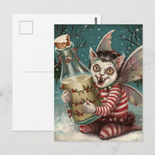 Christmas Vampire Kitty With Milk Bottle Postcard