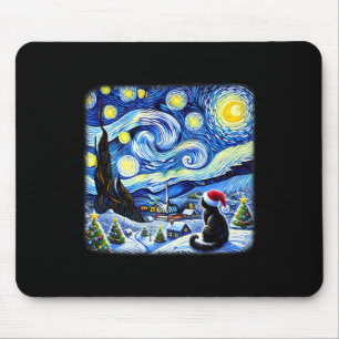 Christmas Van Gogh Starry Night Black Cat Santa Ha Mouse Pad