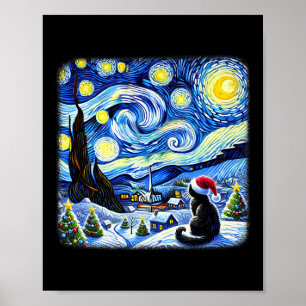 Christmas Van Gogh Starry Night Black Cat Santa Ha Poster
