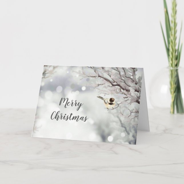 Christmas Verse Forest Snowflakes Chickadee Bird Holiday Card (Front)