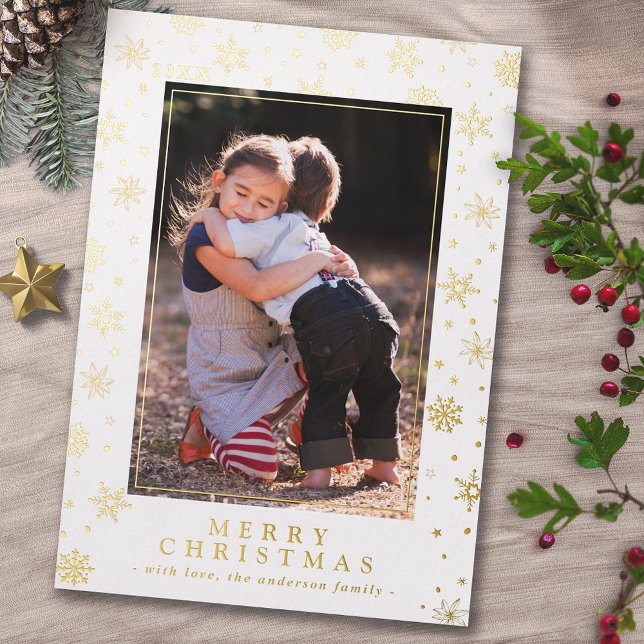 Christmas Vertical Photo White and Gold Snowflakes Foil Holiday Card (Creator Uploaded)