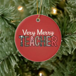 Christmas Very Merry Teacher Leopard Tree Ceramic Ornament
