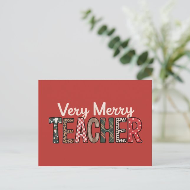 Christmas Very Merry Teacher Leopard Tree Holiday Postcard (Standing Front)