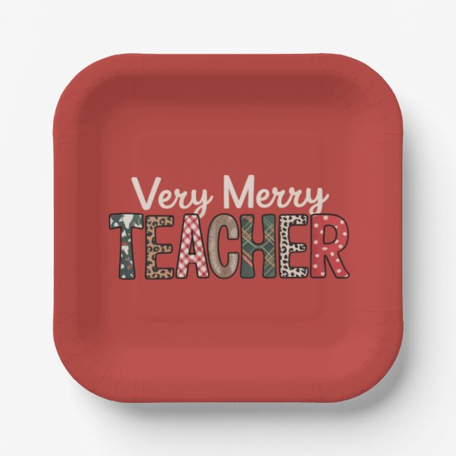 Christmas Very Merry Teacher Leopard Tree Paper Plate (Front)