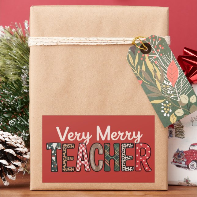Christmas Very Merry Teacher Leopard Tree Rectangular Sticker (Holiday)