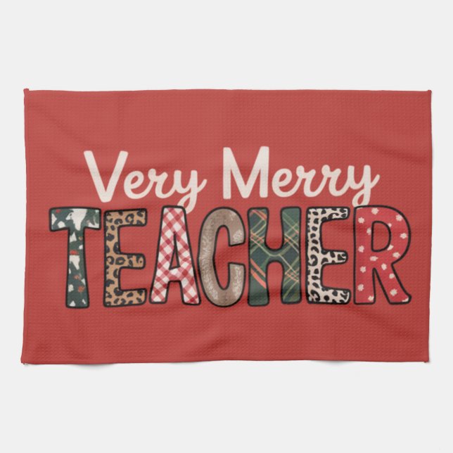 Christmas Very Merry Teacher Leopard Tree Tea Towel (Horizontal)