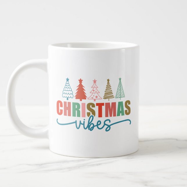 Christmas Vibes - Colourful Holiday Trees Design Large Coffee Mug (Left)
