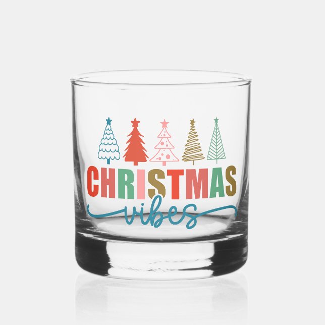 Christmas Vibes - Colourful Holiday Trees Design Whiskey Glass (Front)