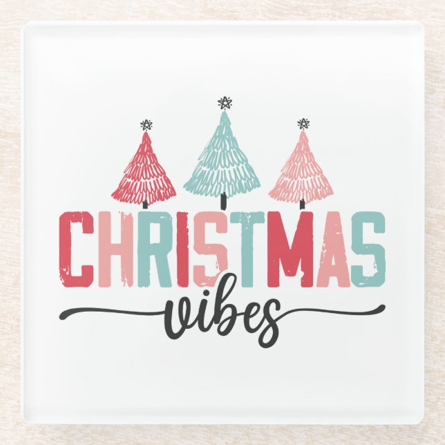 Christmas Vibes - Festive Tree Design Glass Coaster (Front)