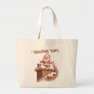 Christmas Vibes Pink Santa Large Tote Bag