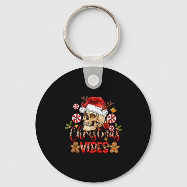 Christmas Vibes Skull Santa Hat Christmas Skeleton Key Ring (Front)
