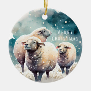 Christmas Vibes - Watercolor Sheep and Raccoon - Ceramic Ornament
