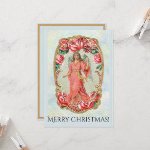 Christmas Victorian Angel Framed by Red Roses Gold Card
