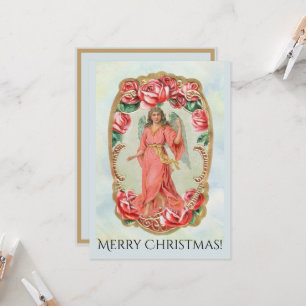 Christmas Victorian Angel Framed by Red Roses Gold Invitation