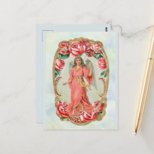 Christmas Victorian Angel Framed by Red Roses Gold Postcard