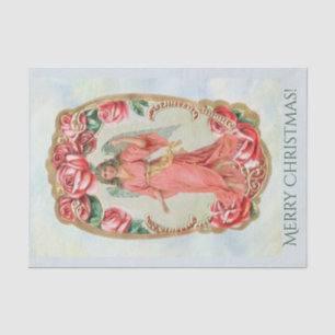 Christmas Victorian Angel Framed by Red Roses Gold Tissue Paper
