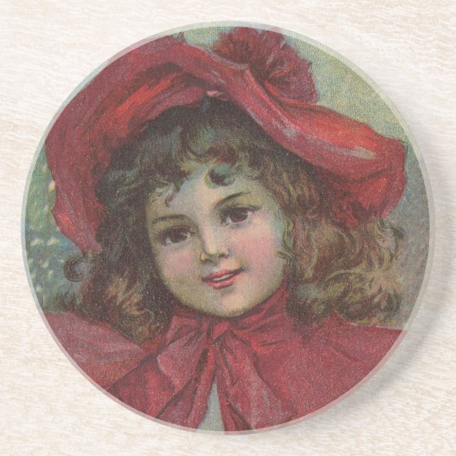 Christmas Victorian Child Red Hat Girl Portrait Ar Coaster (Front)