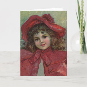 Christmas Victorian Child Red Hat Girl Portrait Ar Holiday Card