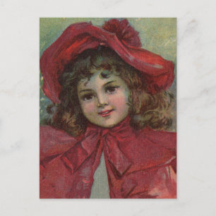 Christmas Victorian Child Red Hat Girl Portrait Ar Holiday Postcard