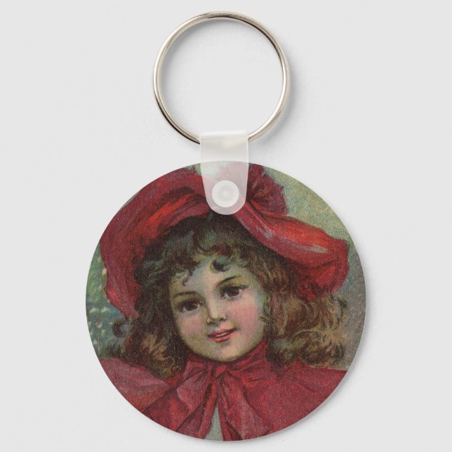 Christmas Victorian Child Red Hat Girl Portrait Ar Key Ring (Front)