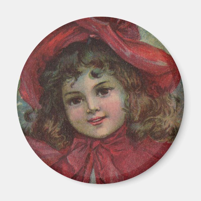 Christmas Victorian Child Red Hat Girl Portrait Ar Magnet (Front)