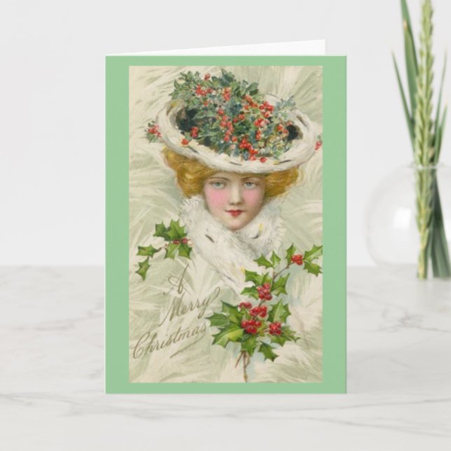 Christmas Victorian Lady holding a Sprig of Holly Holiday Card (Front)
