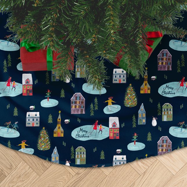 Christmas Village Blue Pattern 'Merry Christmas' Brushed Polyester Tree Skirt (Christmas Village Blue Pattern 'Merry Christmas' Brushed Polyester Tree Skirt)