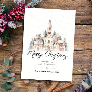 Christmas Village Church Minimal watercolor  Holiday Card
