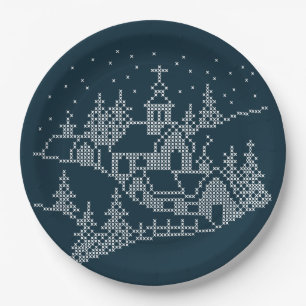 Christmas village embroidery, nordic holy night  paper plate