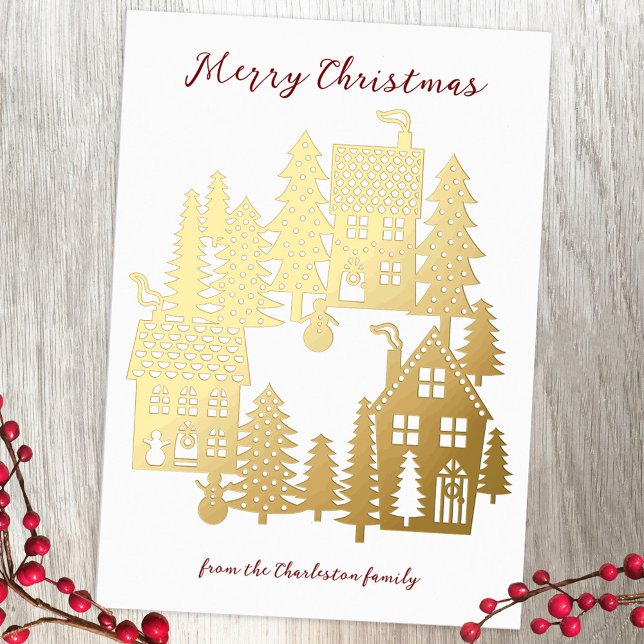 Christmas Village Foil Holiday Card (Gold foil, red and white festive Christmas Village papercut scene personalized Christmas card)