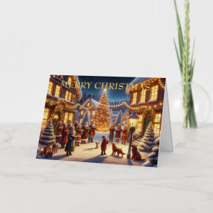 Christmas Village Gathering with Children and Pets Foil Holiday Card