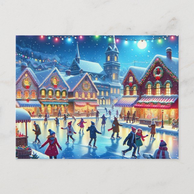 Christmas Village Ice Skating Scene Painting Postcard (Front)
