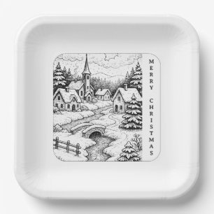 Christmas Village in Winter Paper Plate