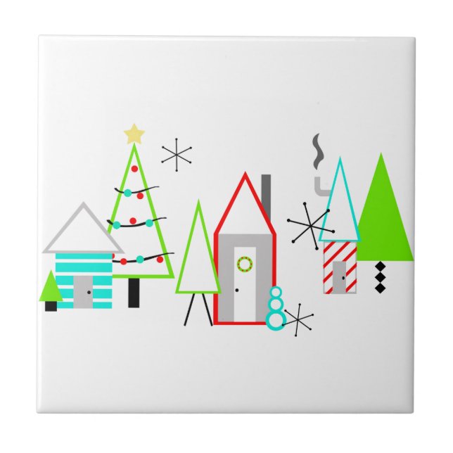 christmas village mid century modern ceramic tile (Front)