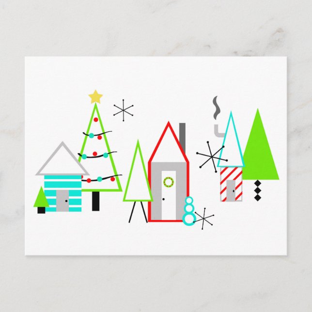 christmas village mid century modern holiday postcard (Front)